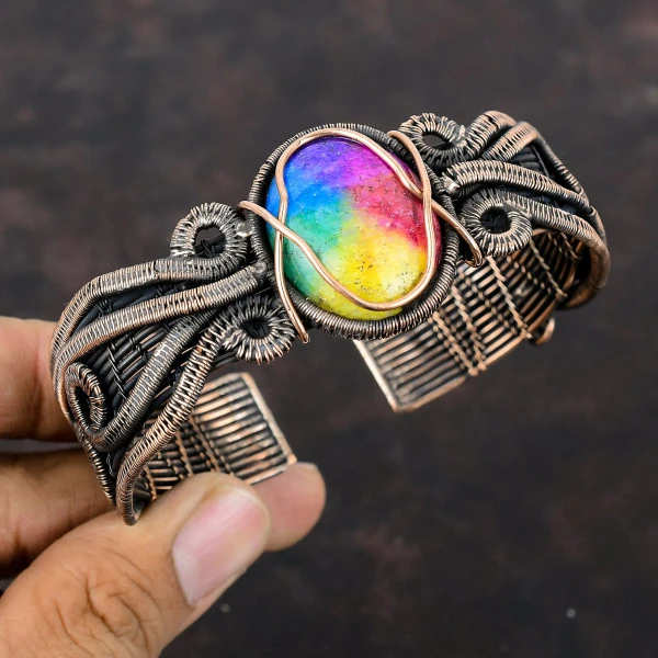 Rainbow Solar Quartz Druzy Oval Yellow Handmade Copper Wire Wrapped Bangle