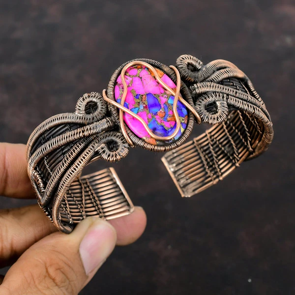 Natural Kingman Pink Dahlia Turquoise Oval Pink Handmade Copper Wire Wrapped Bangle
