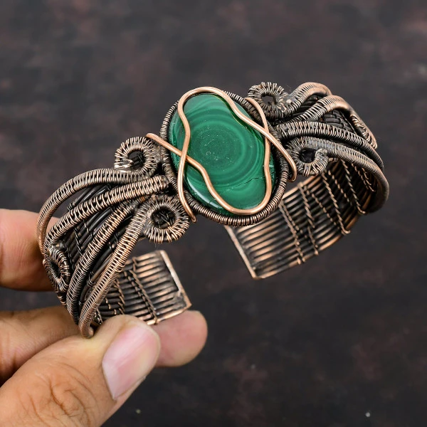 Malachite Oval Green Handmade Copper Wire Wrapped Bangle
