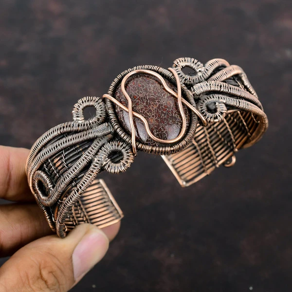 Dinosaur Bone Oval Red Handmade Copper Wire Wrapped Bangle