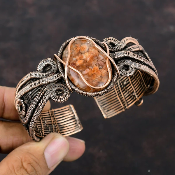Sunstone Oval Orange Handmade Copper Wire Wrapped Bangle
