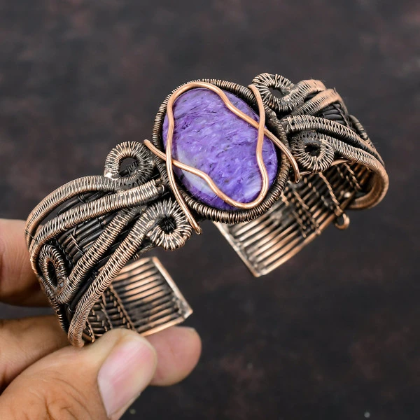 Charoite Oval Purple Handmade Copper Wire Wrapped Bangle