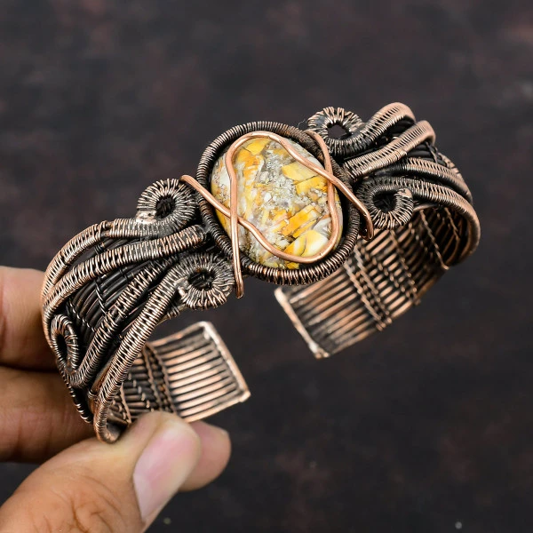 Brecciated Mookaite Oval Yellow Handmade Copper Wire Wrapped Bangle