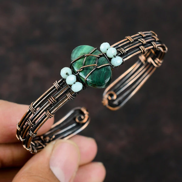 Malachite Oval Green Handmade Copper Wire Wrapped Bangle
