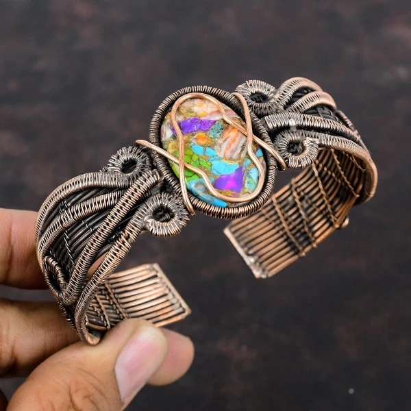 Multi Copper Turquoise Oval Blue Handmade Copper Wire Wrapped Bangle