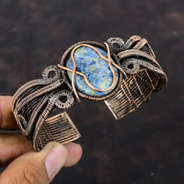 Pietersite Oval Gray Handmade Copper Wire Wrapped Bangle
