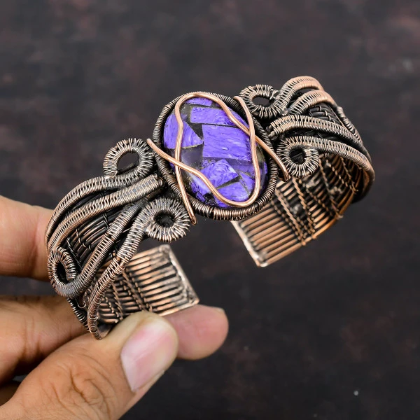 Copper Charoite Oval Purple Handmade Copper Wire Wrapped Bangle