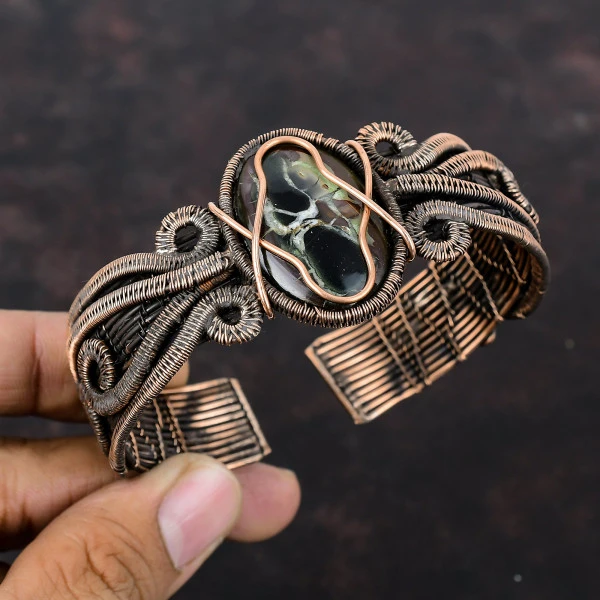 Moroccan Mud Crack Fossil Oval Brown Handmade Copper Wire Wrapped Bangle