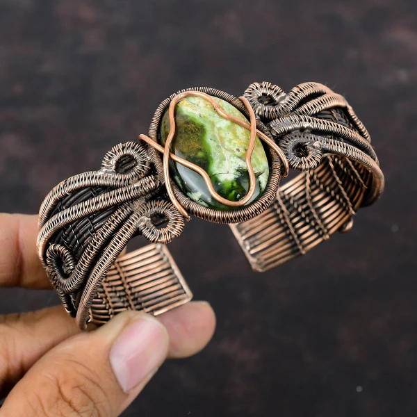 Australian Chrome Chalcedony Oval Green Handmade Copper Wire Wrapped Bangle