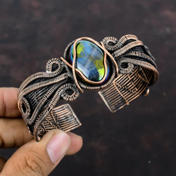 Mystic Fire Labradorite Oval Green Handmade Copper Wire Wrapped Bangle