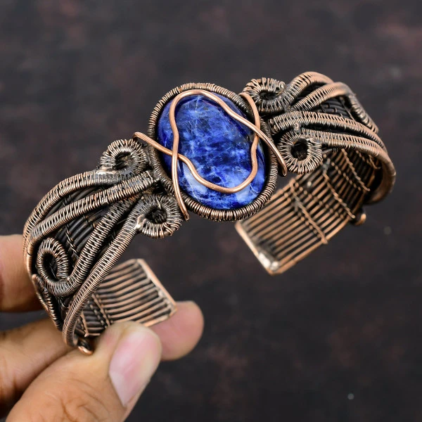 Sodalite Oval Blue Handmade Copper Wire Wrapped Bangle