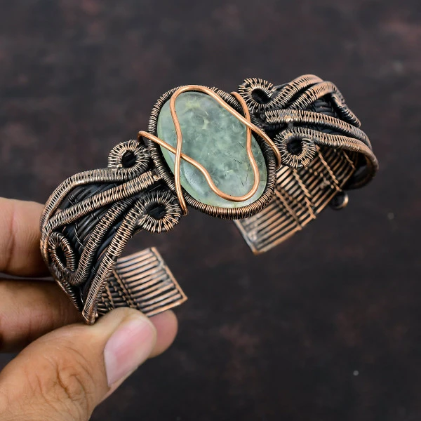 Moss Prehnite Oval Green Handmade Copper Wire Wrapped Bangle