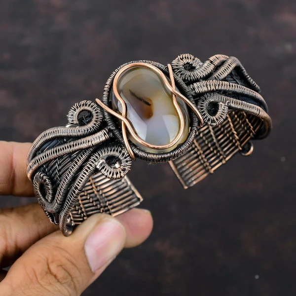 Montana Agate Oval Brown Handmade Copper Wire Wrapped Bangle