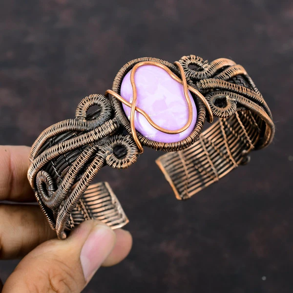 Phosphosiderite Oval Purple Handmade Copper Wire Wrapped Bangle