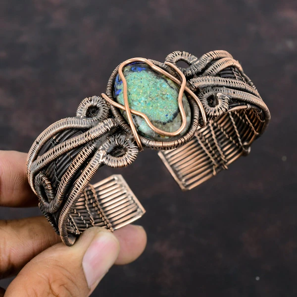 Azurite Malachite Oval Green Handmade Copper Wire Wrapped Bangle
