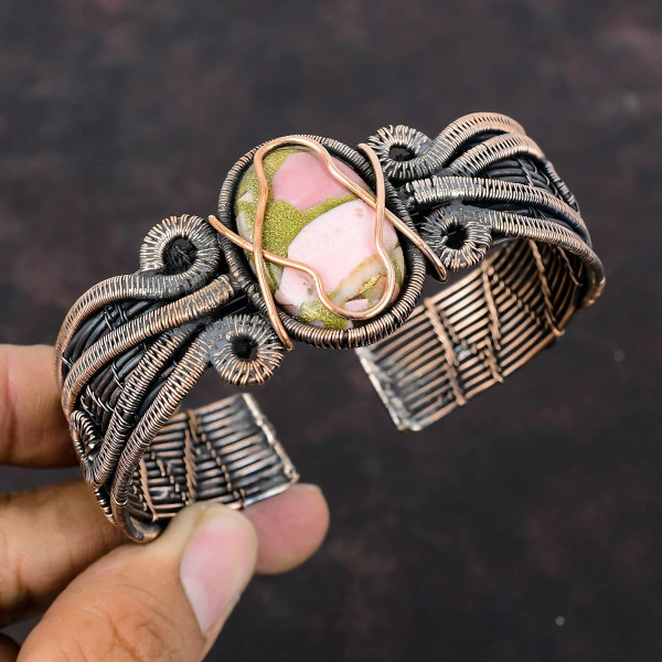 Copper Pink Opal Oval Pink Handmade Copper Wire Wrapped Bangle