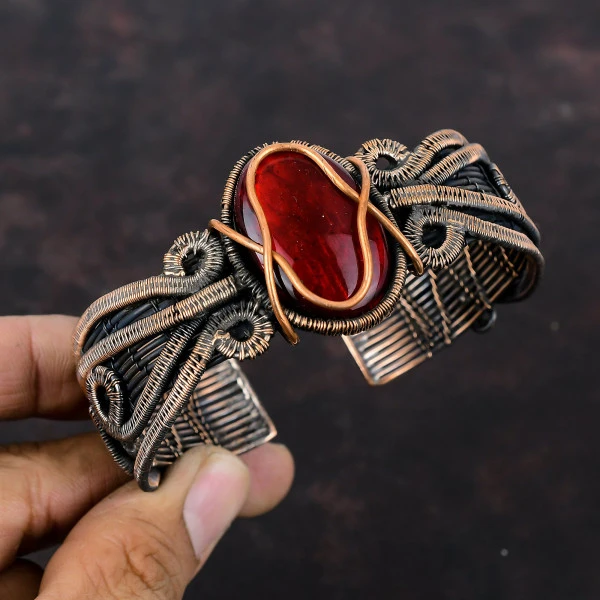 Red Fire Labradorite Oval Red Handmade Copper Wire Wrapped Bangle