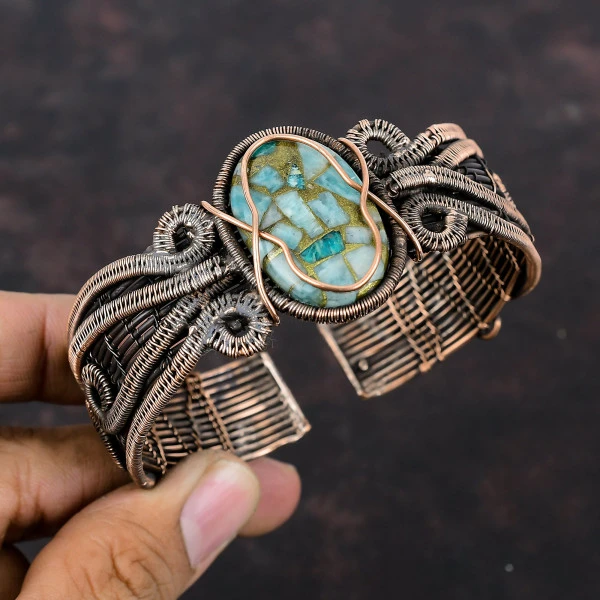 Copper Amazonite Oval Green Handmade Copper Wire Wrapped Bangle