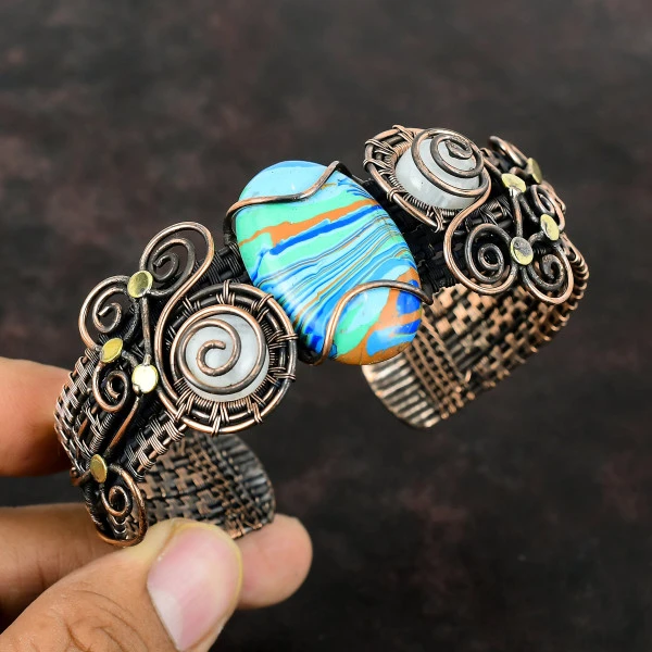 Rainbow Calsilica Oval Blue Handmade Copper Wire Wrapped Bangle