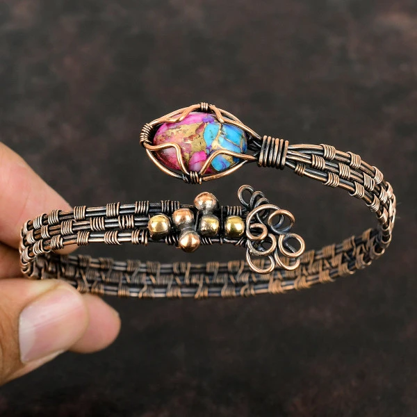 Kingman Pink Dahlia Turquoise Oval Pink Handmade Copper Wire Wrapped Bangle