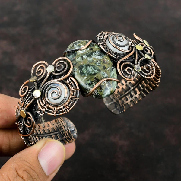 Copper Seraphinite Oval Green Handmade Copper Wire Wrapped Bangle
