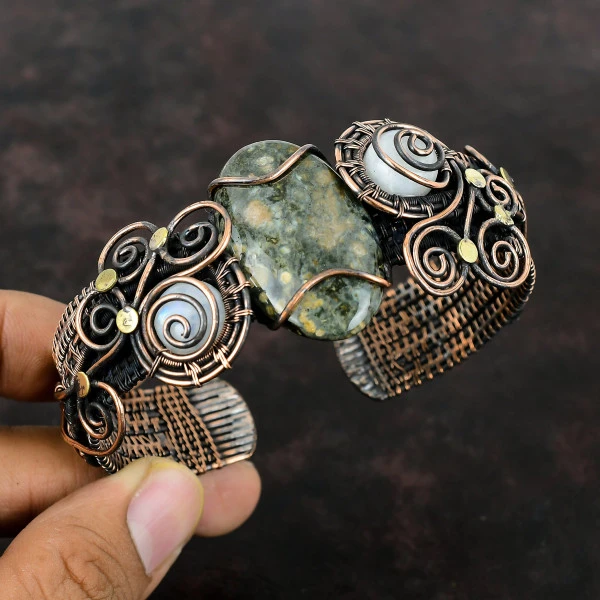 Ocean Jasper Oval Green Handmade Copper Wire Wrapped Bangle