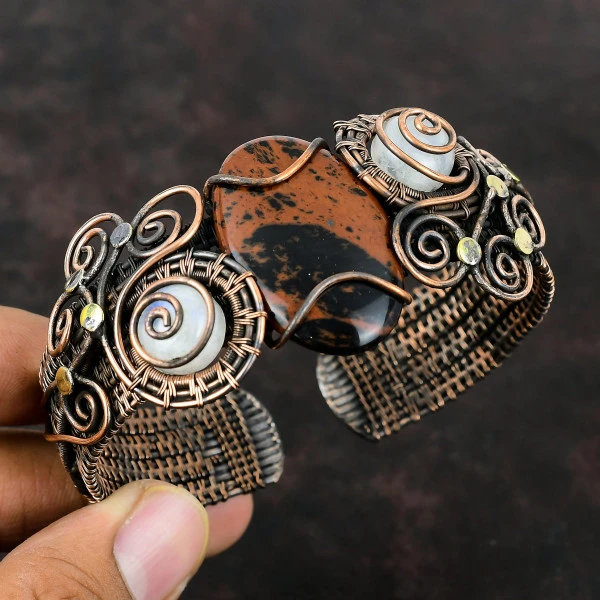 Mahogany Obsidian Oval Brown Handmade Copper Wire Wrapped Bangle