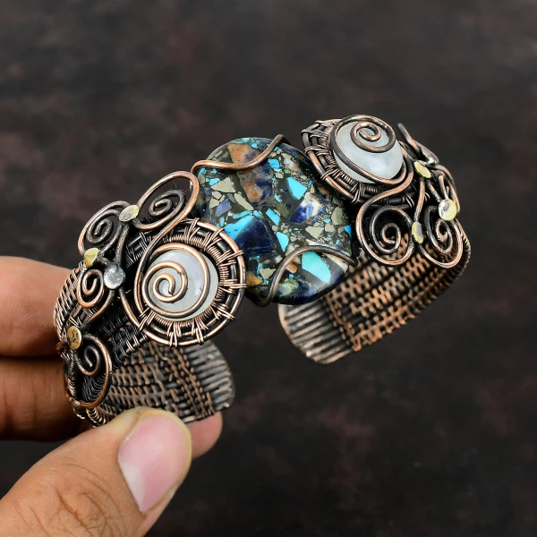 Copper Multi Turquoise Oval Blue Handmade Copper Wire Wrapped Bangle