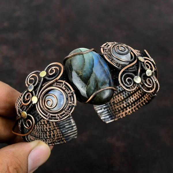 Labradorite Oval Gray Handmade Copper Wire Wrapped Bangle