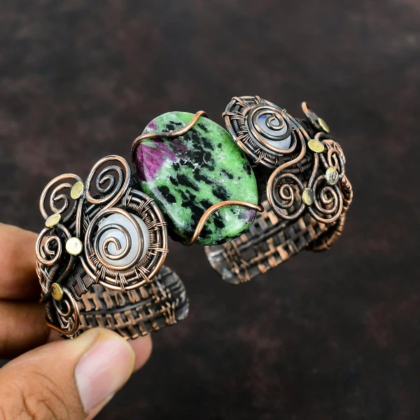 Ruby Zoisite Oval Green Handmade Copper Wire Wrapped Bangle
