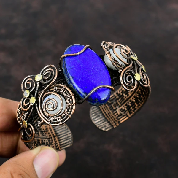 Lapis Lazuli Oval Blue Handmade Copper Wire Wrapped Bangle