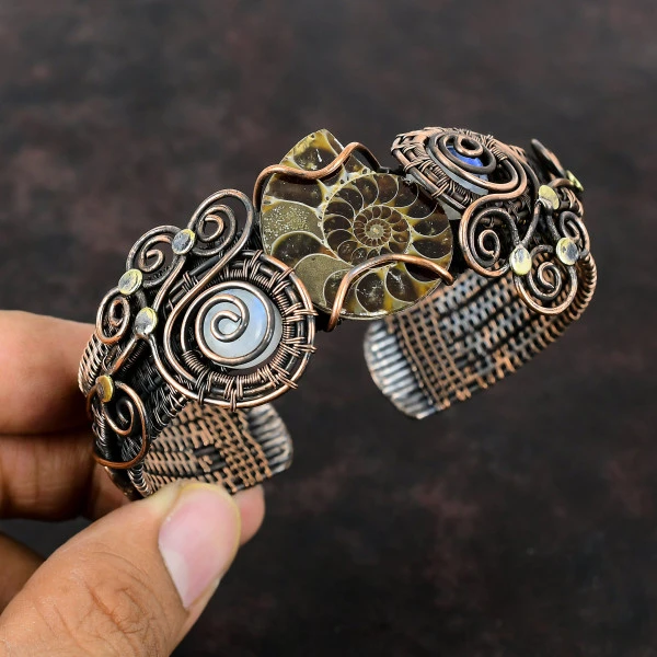 Ammonite Fossil Pear Brown Handmade Copper Wire Wrapped Bangle