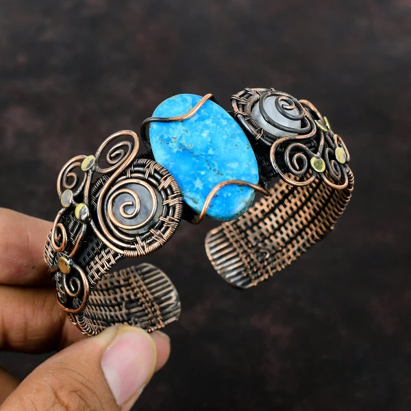 Arizona Turquoise Oval Blue Handmade Copper Wire Wrapped Bangle