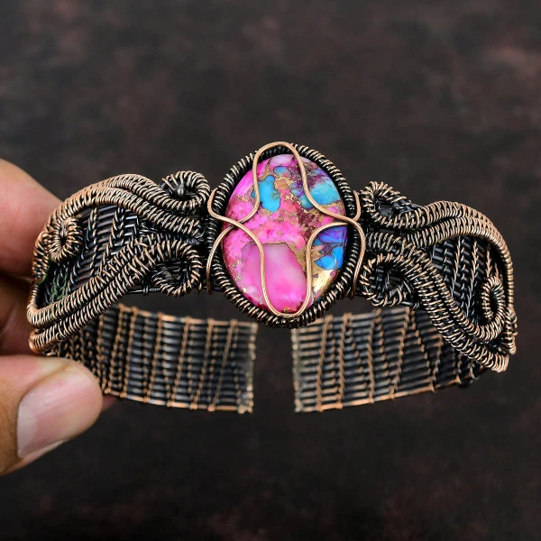 Kingman Pink Dahlia Turquoise Oval Pink Handmade Copper Wire Wrapped Bangle