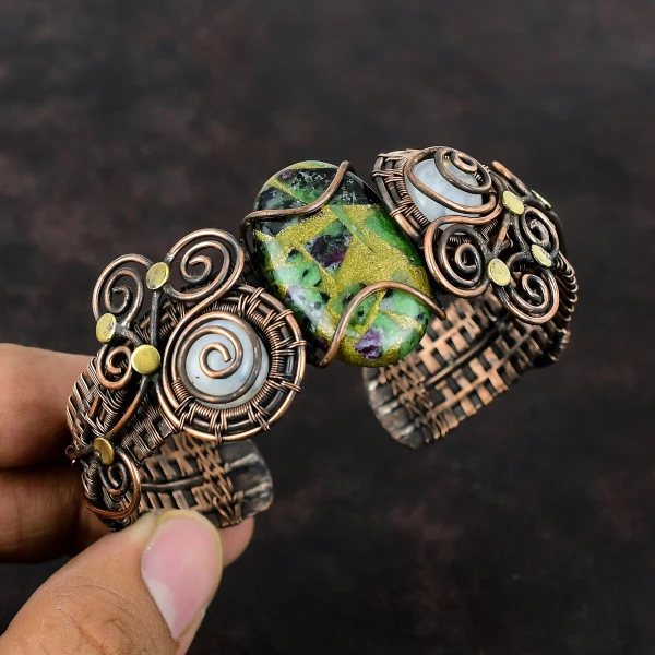 Copper Ruby Zoisite Oval Green Handmade Copper Wire Wrapped Bangle
