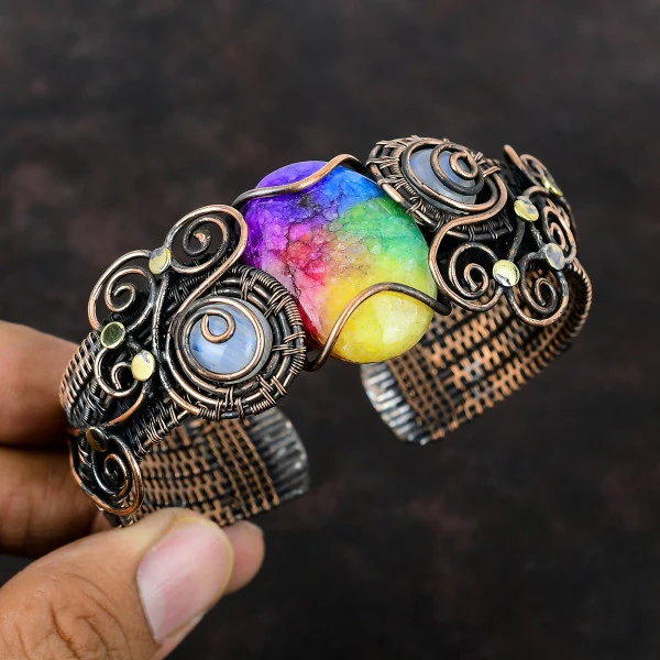 Rainbow Solar Quartz Druzy Oval Yellow Handmade Copper Wire Wrapped Bangle