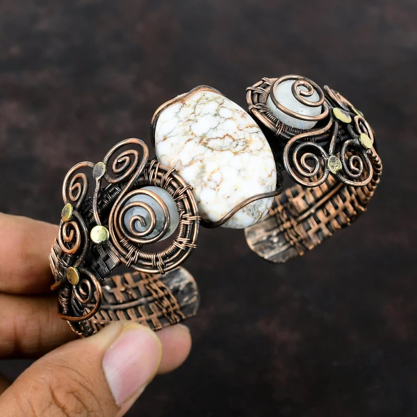 Wild Horse Magnesite Oval White Handmade Copper Wire Wrapped Bangle