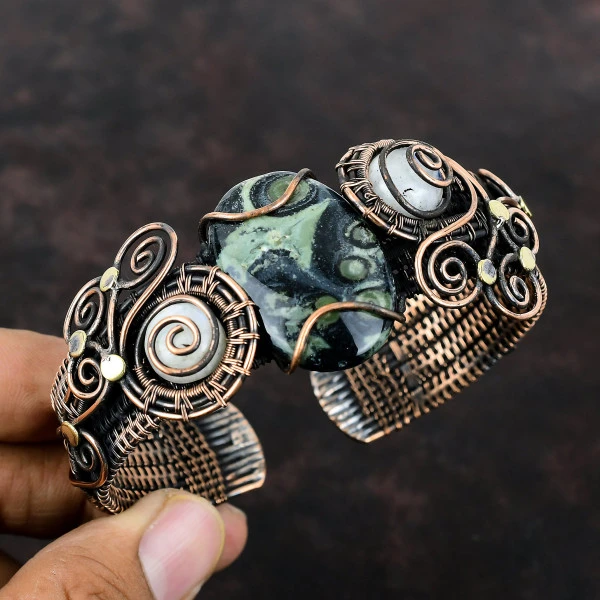Kambaba Jasper Oval Green Handmade Copper Wire Wrapped Bangle