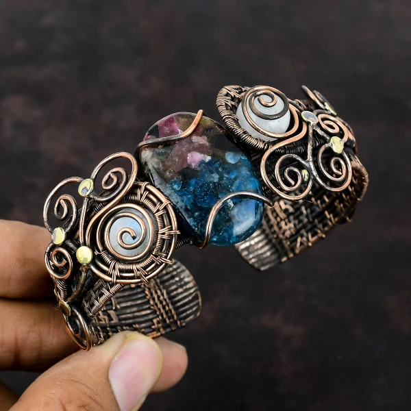 Watermelon Tourmaline Oval Blue Handmade Copper Wire Wrapped Bangle