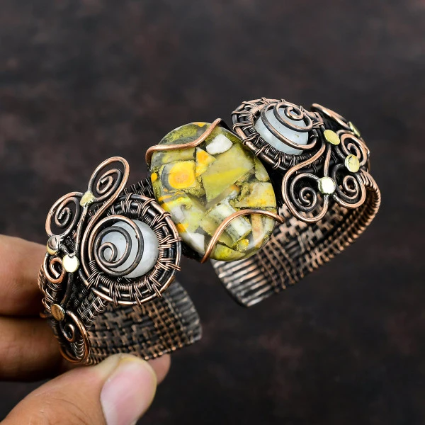 Copper Bumble Bee Jasper Oval Yellow Handmade Copper Wire Wrapped Bangle