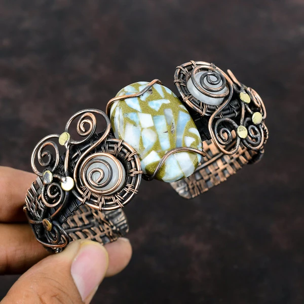 Copper Larimar Oval Blue Handmade Copper Wire Wrapped Bangle