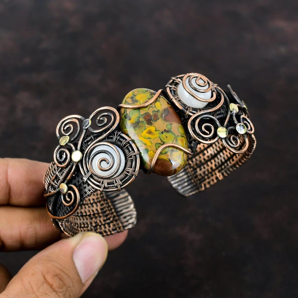 Fruit Jasper Oval Yellow Handmade Copper Wire Wrapped Bangle
