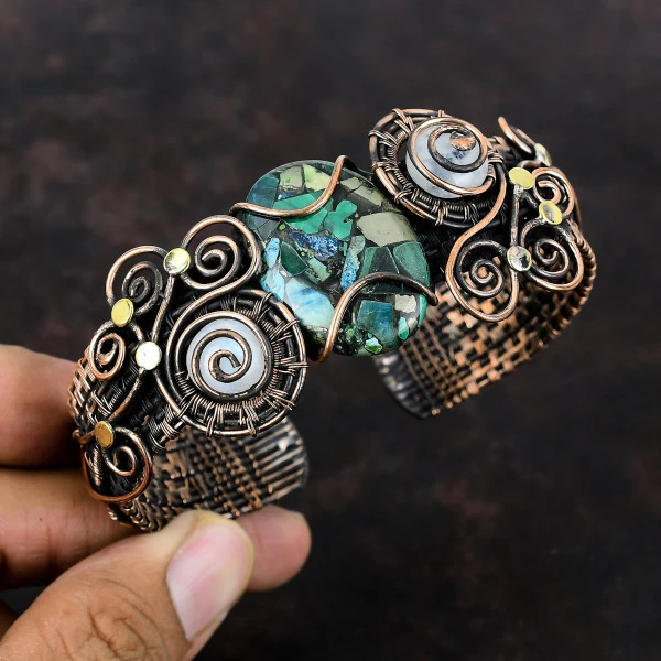 Copper Azurite Malachite Oval Green Handmade Copper Wire Wrapped Bangle