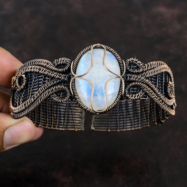 Rainbow Moonstone Oval White Handmade Copper Wire Wrapped Bangle