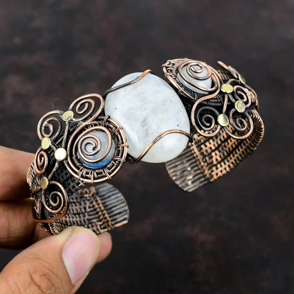 Rainbow Moonstone Oval White Handmade Copper Wire Wrapped Bangle