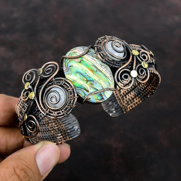 Abalone Shell Oval Green Handmade Copper Wire Wrapped Bangle