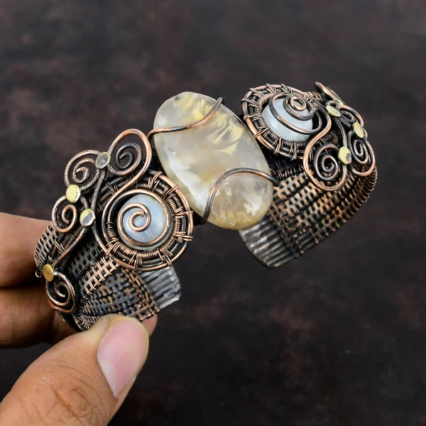 Plume Agate Oval Yellow Handmade Copper Wire Wrapped Bangle