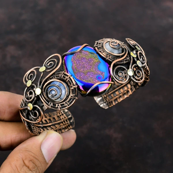 Titanium Druzy Oval Pink Handmade Copper Wire Wrapped Bangle