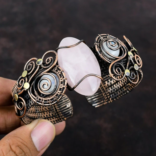 Rose Quartz Oval Pink Handmade Copper Wire Wrapped Bangle