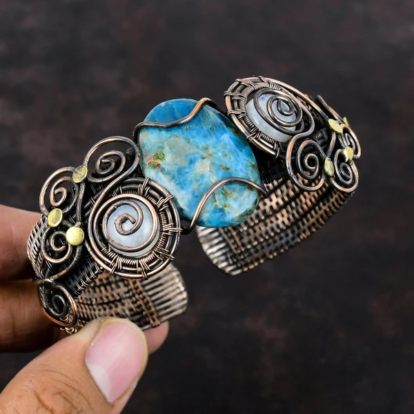 Neon Apatite Oval Blue Handmade Copper Wire Wrapped Bangle